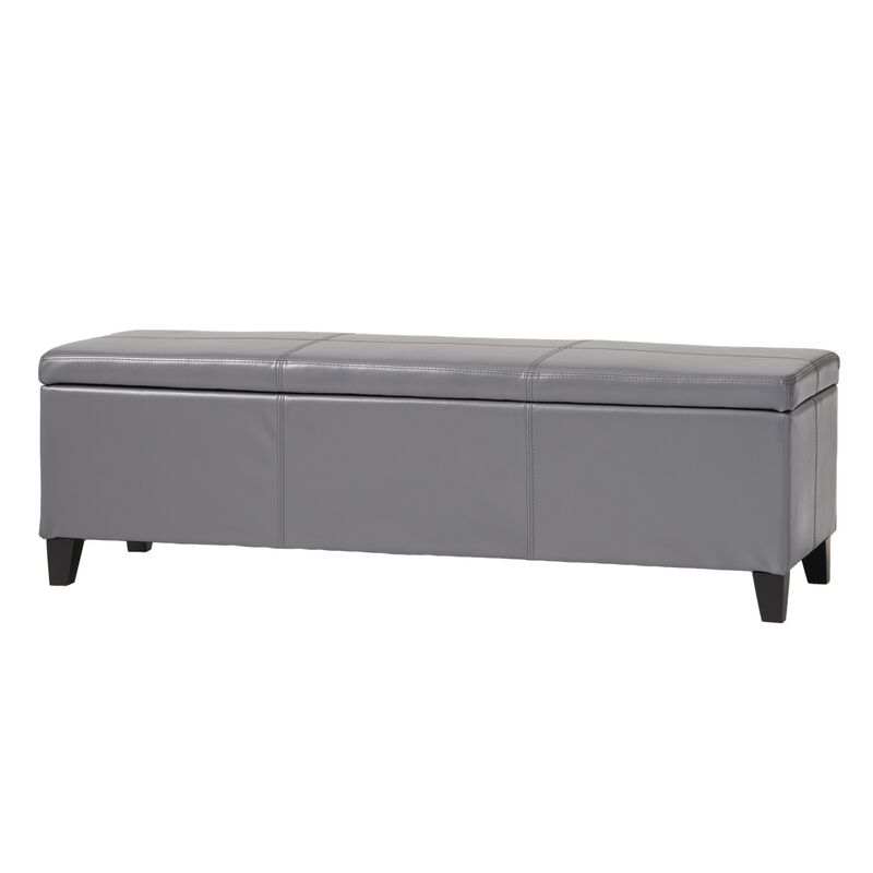 Elias Storage Ottoman Bench, Gray Faux Leather, Stitch Detail, 51 Inch - Benzara