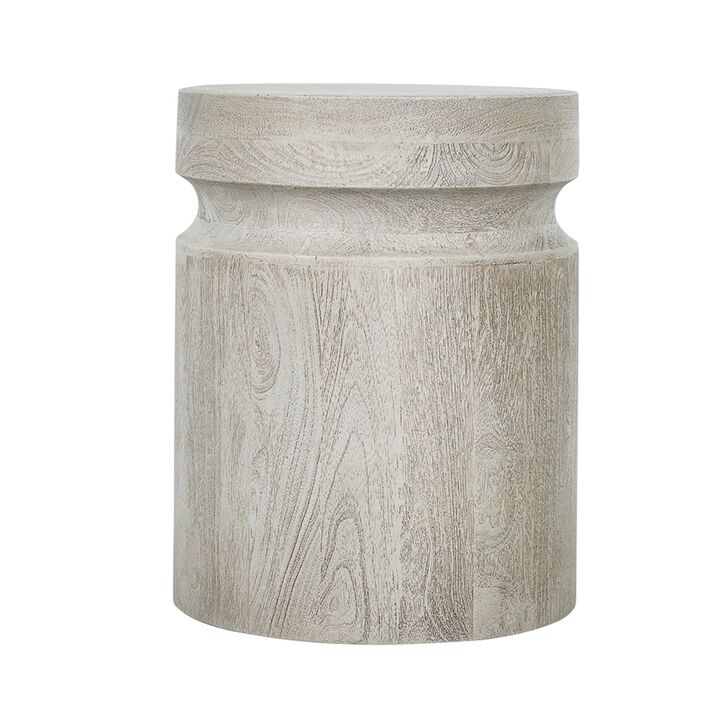 Benjara Kiv 18 Inch Side End Table, Round Mango Wood Top, Carved Accent Base, Gray, Cream