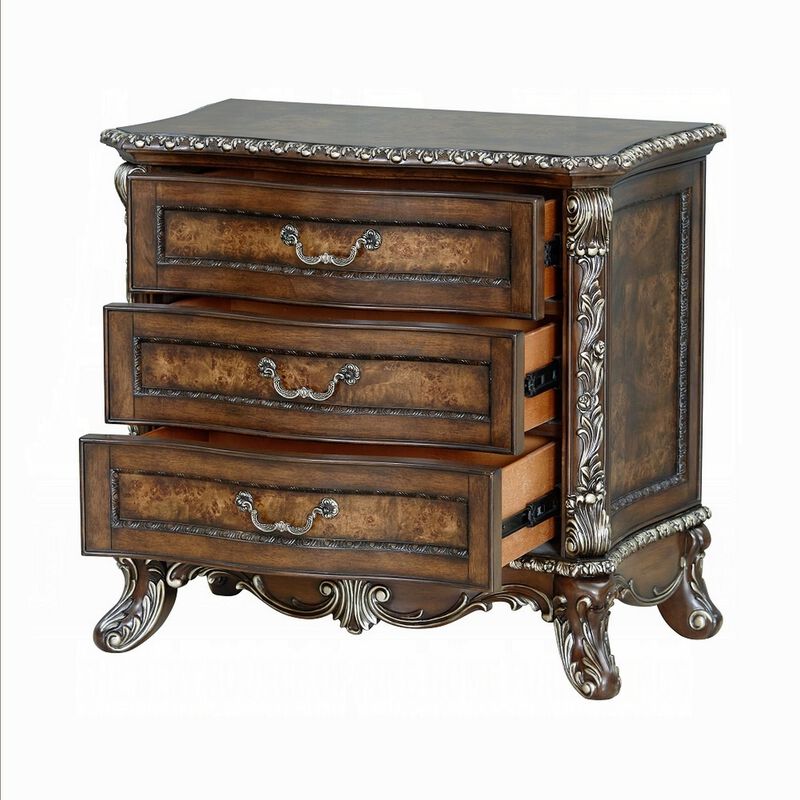 Vany Nightstand, Traditional Floral Trim, 3 Drawers, Cherry Brown - Benzara