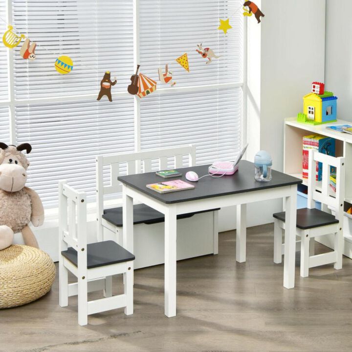 Hivvago 4 Pieces Kids Wooden Activity Table and Chairs Set with Storage Bench and Study Desk