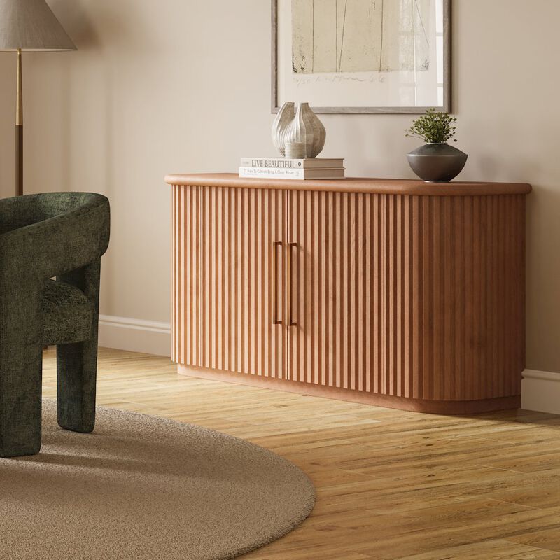 Jofran Breck Solid Wood 60 Mid-Century Modern Curved Sideboard Bar Storage Cabinet