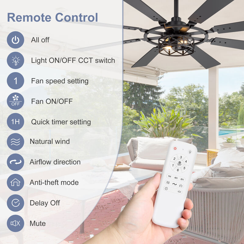 Breezary 52 in Traditional Ceiling Fan with Light,8 Blade Fan, E12 Dual Light Kit, Remote Control image number 2