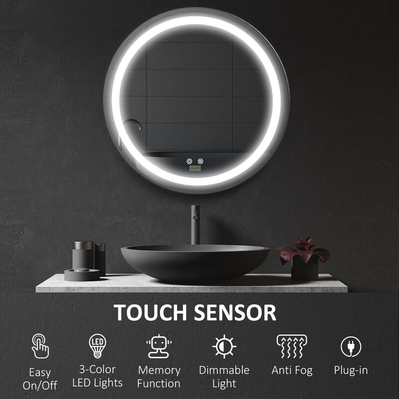 Modern Bathroom Mirror: 28" Round LED Dimmable Vanity with 3 Color Temps