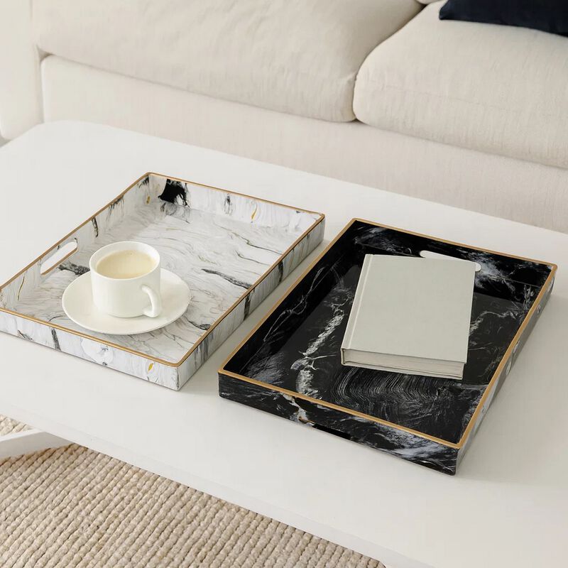 19, 18 Inch Set of 2 Modern Decorative Trays with Rims, Black and White image number 1