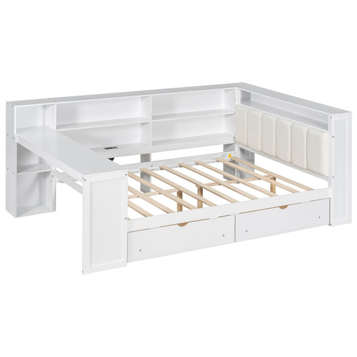 Whisen Full Size Platform Bed with Storage Shelves, Drawers & Charging Station, Solid Wood+MDF with LED & Desk, Upholstered Headboard for Bedroom