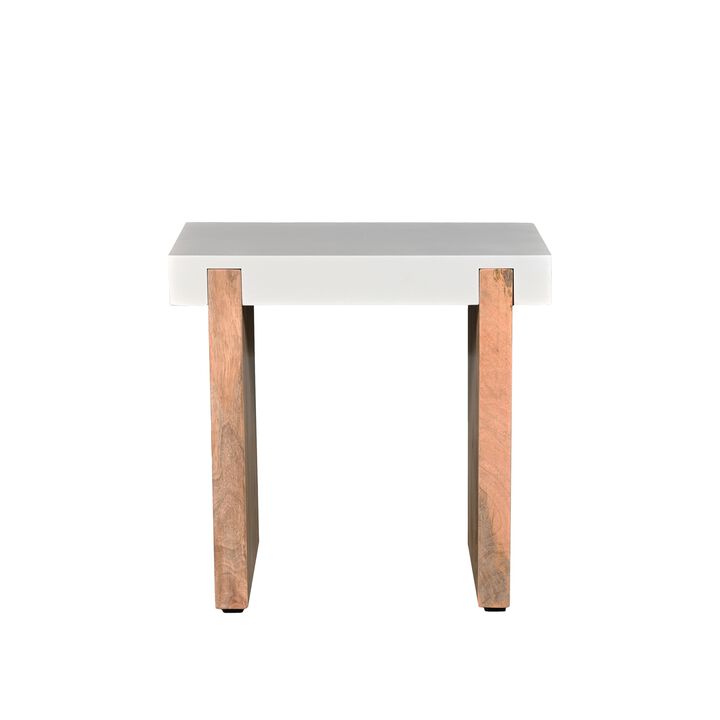 Kerry 20 Inch Rectangular End Side Table, Mango Wood, Sled Base, Glossy White, Natural Brown-Benzara