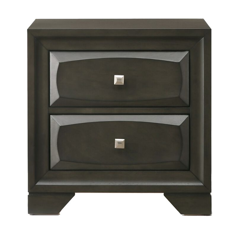 Two Drawer Nightstand With Brushed Nickel Accent And Chamfered Legs, Antique Gray-Benzara
