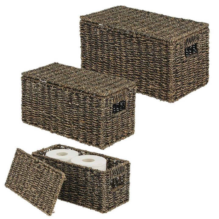 mDesign Woven Seagrass Home Storage Basket with Lid, Set of 3 - Brown Finish
