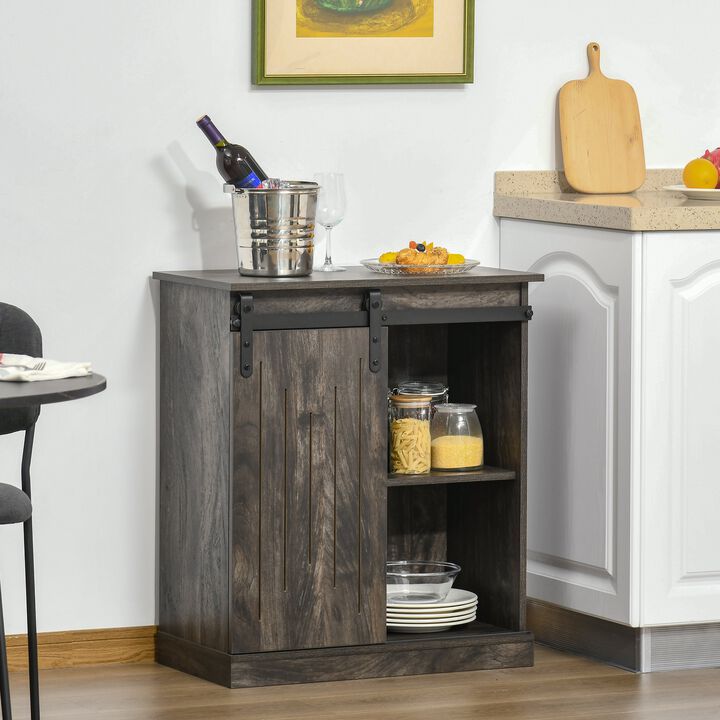 Gray Serving Bar: Industrial Buffet with Sliding Door & Wine Storage