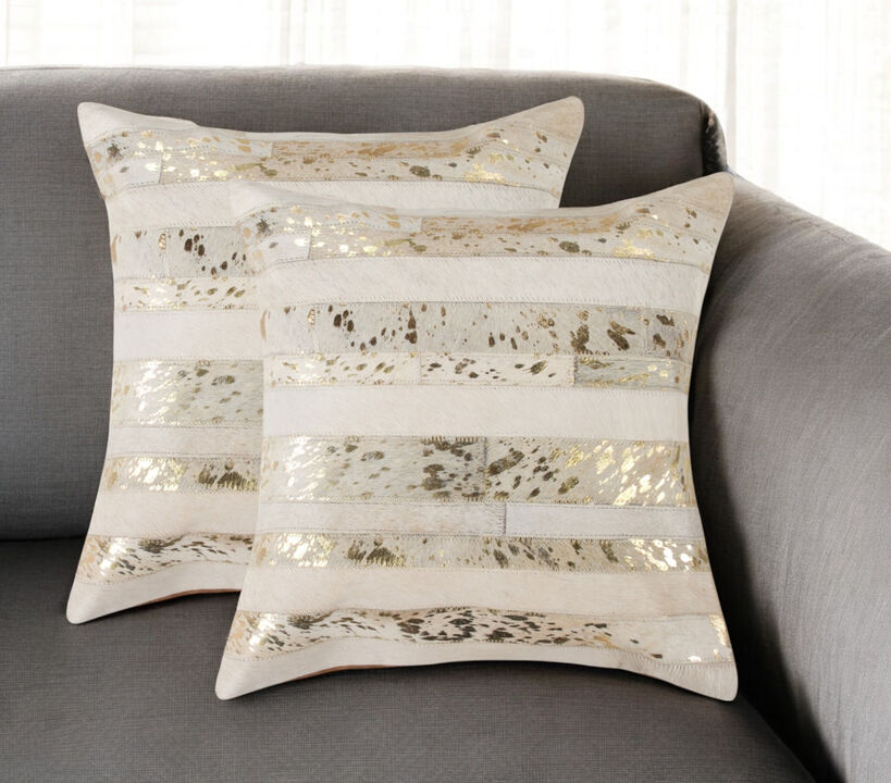 HomeRoots Set of Two 18" Natural and Gold Striped Cowhide Throw Pillows with Glitter