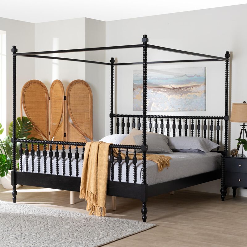 Baxton Studio Callison Spindle Canopy Bed - Turned Farmhouse Bed Frame with Spoked Headboard and Sculpted Legs, Black, King image number 7