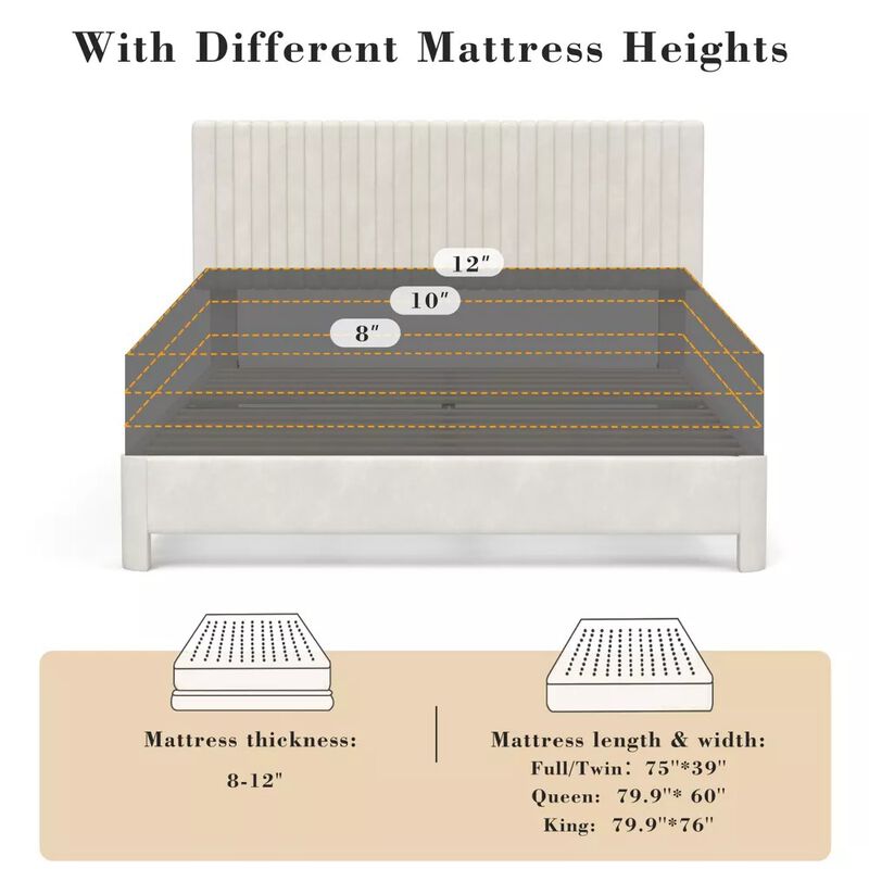 Vipbear Beige Velvet Upholstered Platform Bed Frame with Headboard, Wood Slat Support, Easy Assembly image number 9