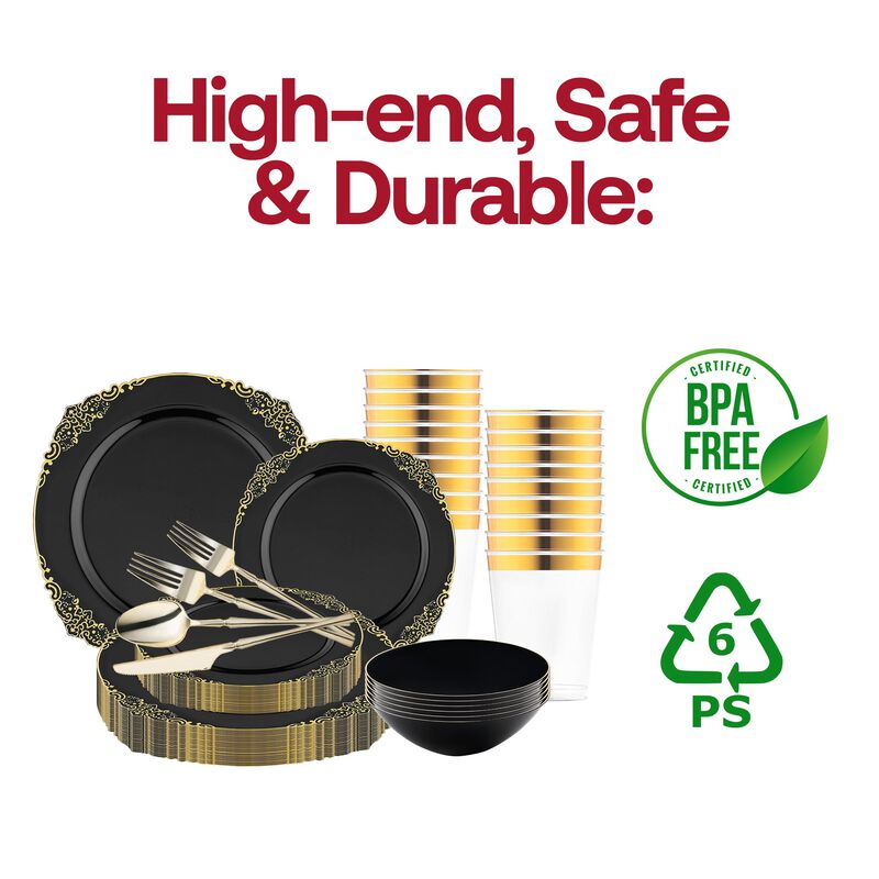 Black with Gold Fancy Round Plastic Tableware Set (120 Sets) image number 6
