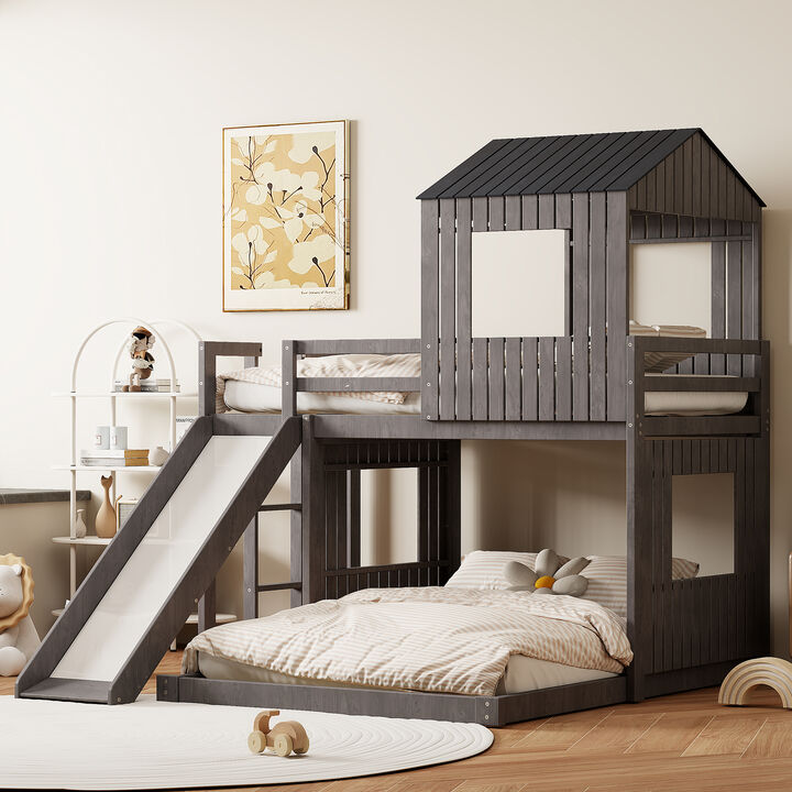 Whisen Playhouse Style L-Shaped Twin Over Full Bunk Bed with Built-in Ladder and Slide
