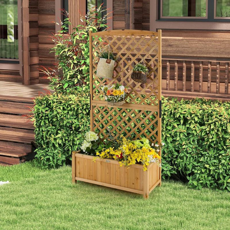 Raised Garden Bed Planter Box in Fir Wood with Trellis for Outdoor Gardening