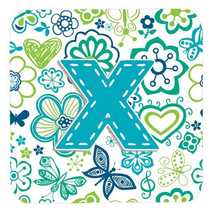 Caroline's Treasures CJ2006-XFC Letter X Flowers and Butterflies Teal Blue Foam Coasters (Set of 4), 3.5, Multicolor