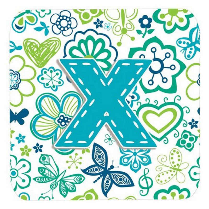 Caroline's Treasures CJ2006-XFC Letter X Flowers and Butterflies Teal Blue Foam Coasters (Set of 4), 3.5, Multicolor