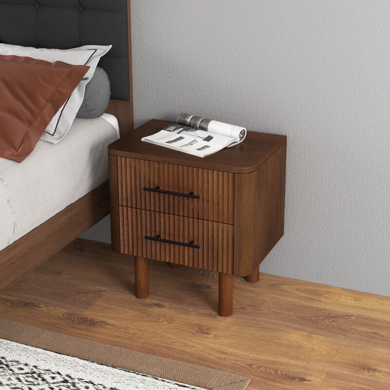 Assembled Mid Century Walnut Nightstand 2-Drawer Solid Wood Bedside image number 2