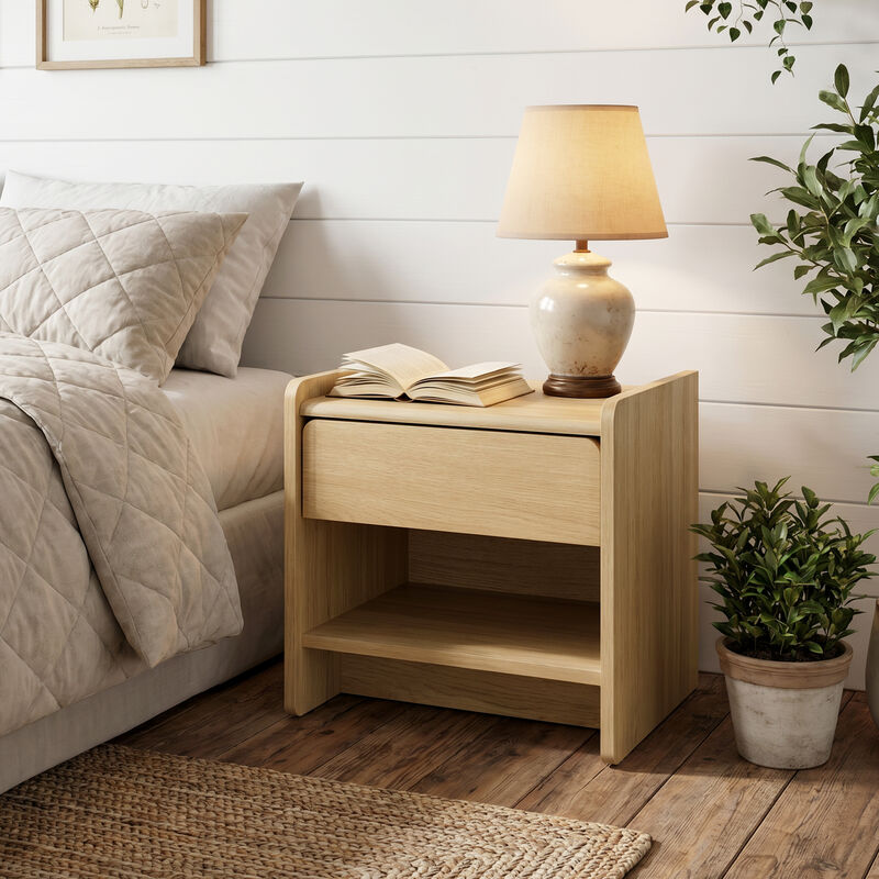19" Hazel Oak Wood Nightstand with Drawer & Shelf image number 2