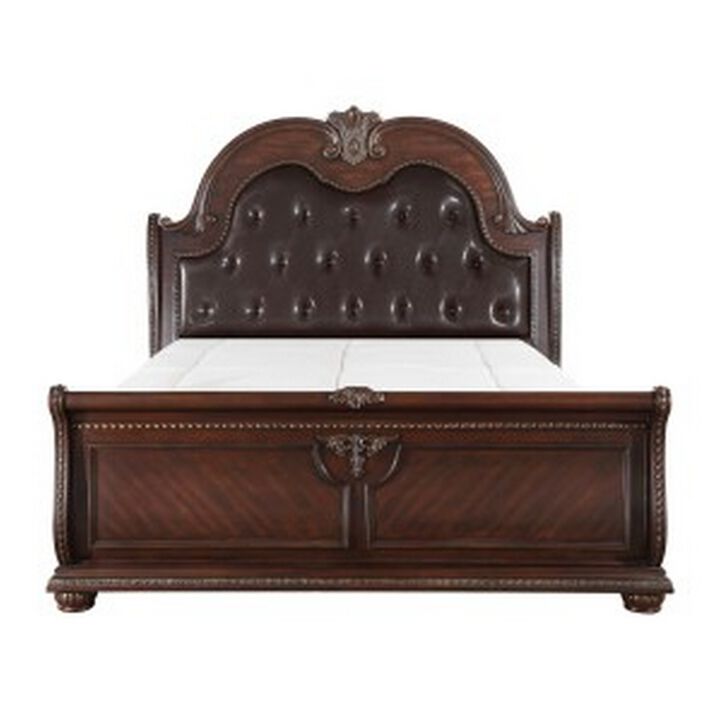 Caitlin Classic Queen Sleigh Bed, Tufted Arch Headboard, Brown Faux Leather - Benzara