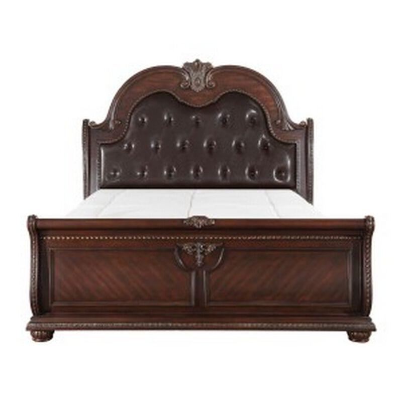 Caitlin Classic Queen Sleigh Bed, Tufted Arch Headboard, Brown Faux Leather - Benzara image number 1