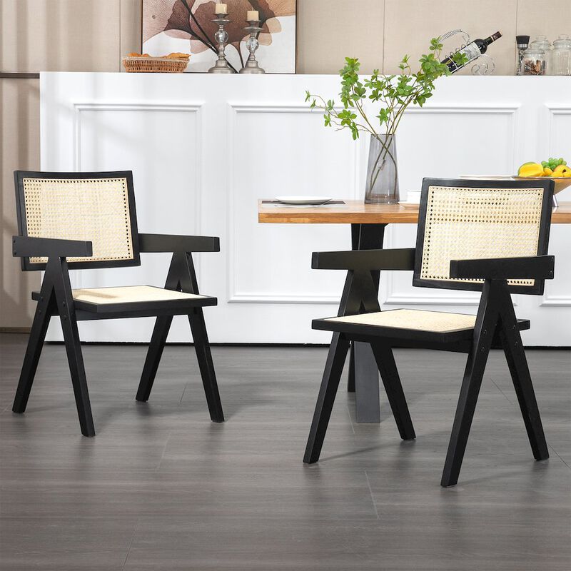 Glamour Home Set of 2 Bardot Black Wooden Dining Chair with Rattan Back