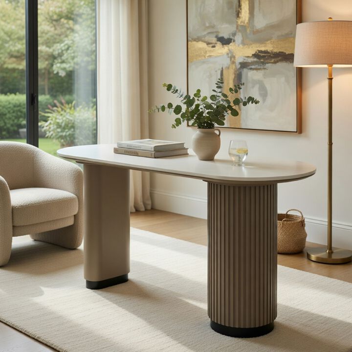 Jeh Sofa Console Table, 55 Inch White Oval Top, Pedestal Base, Oak Brown