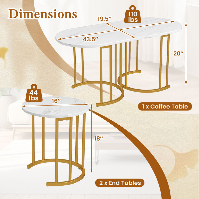Nesting Coffee Table Set of 3 with Faux Marble Tabletop and Powder-coated Gold Metal Frame image number 3