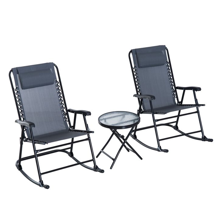 3 Piece Outdoor Rocking Bistro Set, Patio Folding Chair Table Set with Glass Coffee Table for Yard, Patio, Deck, Backyard, Grey