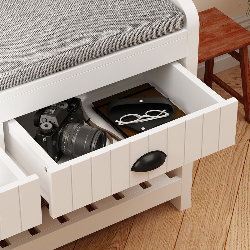 68.5 in. White Wood 3-in-1 Hall Tree Coat Rack Storage Bench with 4-Metal Double Hooks and 2-Drawers, Shelves