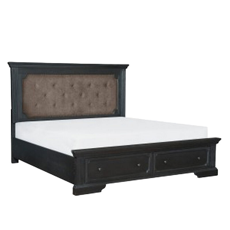 Aly Four Pc Queen Bedroom Set, Brown Polyester Upholstery, Storage Footboard, Gray - Benzara