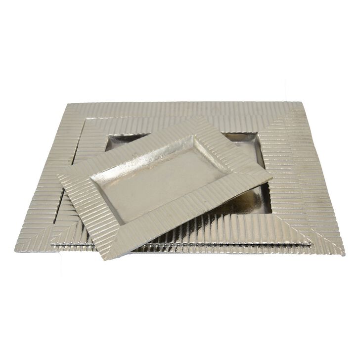Nancy Tray Set of 3, Wavy Edges, Silver Metal Frames, Rectangular - Benzara