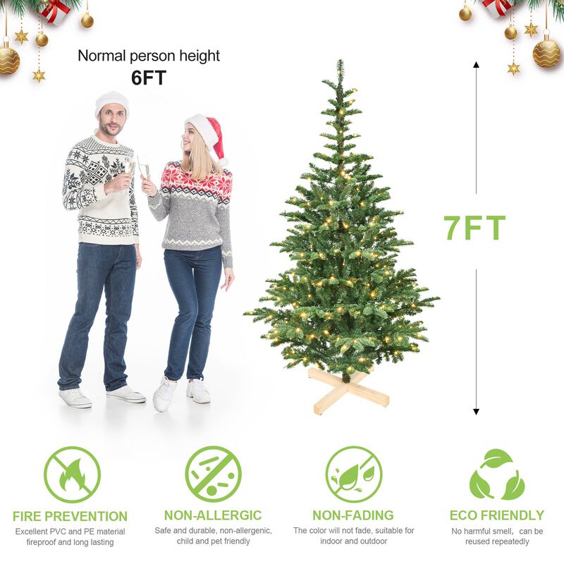 7 ft. Christmas Tree with LED Lights PE PVC Layered 941 Tips with Wooden Base Full Holiday Decoration