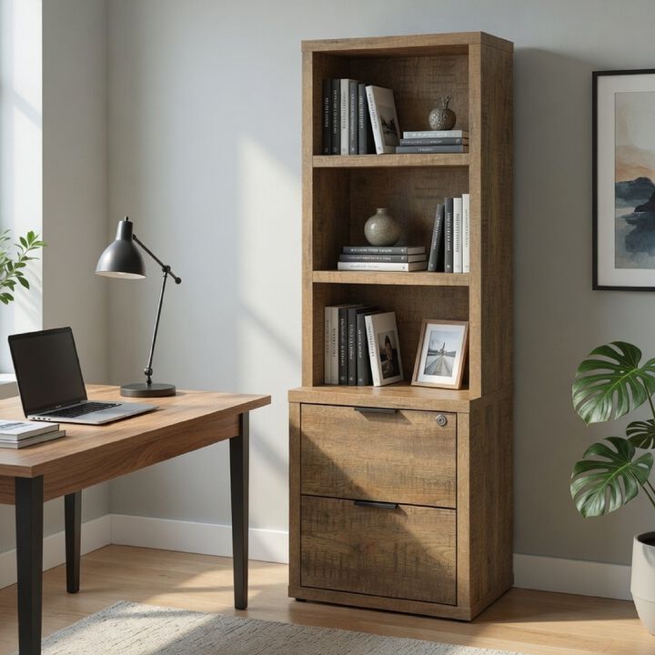 Park Bookcase with 3 Open Shelves, 2 Drawers, 61 Inch Natural Brown