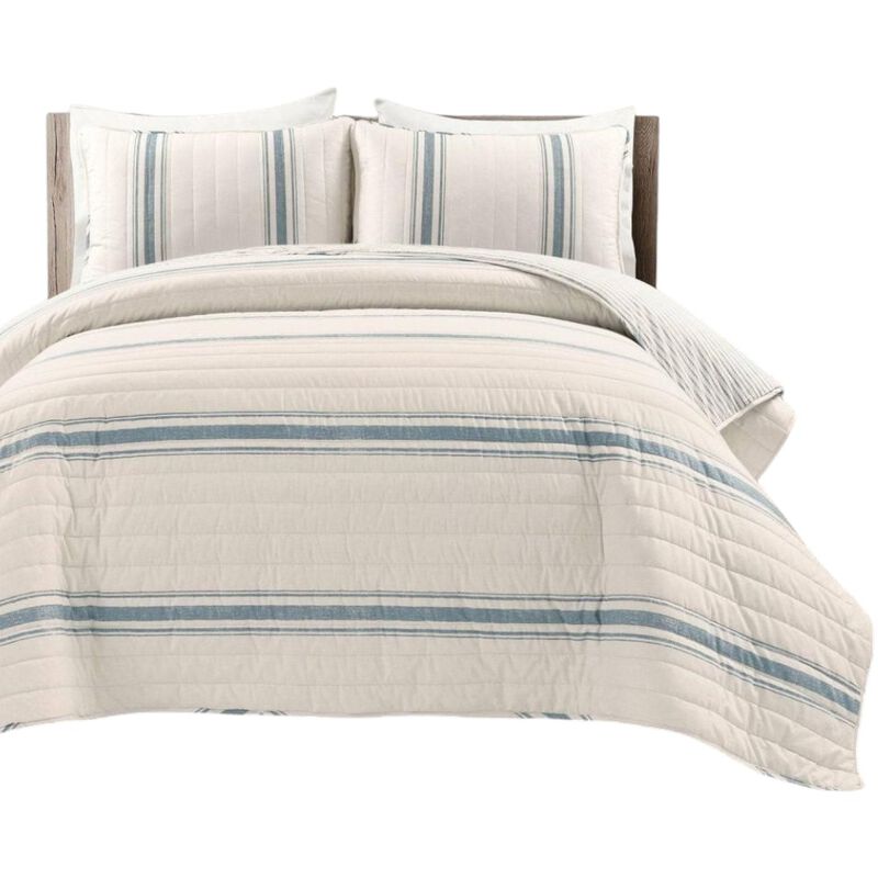 Hivvago Blue Off-White Cream Stripe 3 Piece Reversible Cotton Quilt Set
