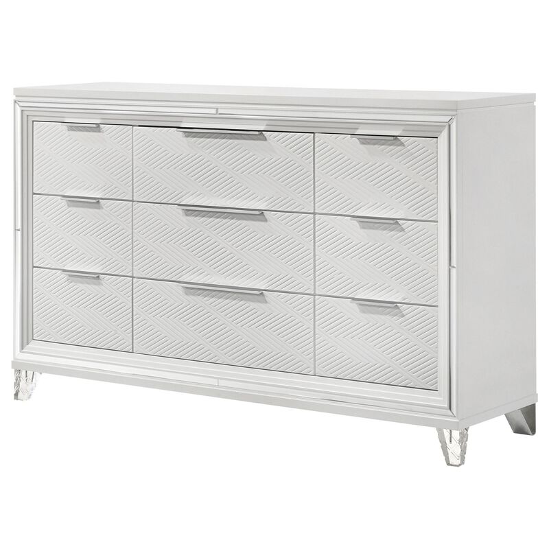 Mory Wide Dresser, 9 Drawers, Embossed Herringbone Pattern, White - Benzara