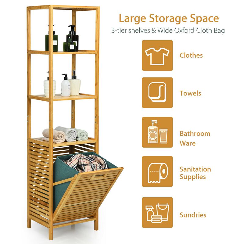 Bamboo Tower Hamper Organizer with 3-Tier Storage Shelves