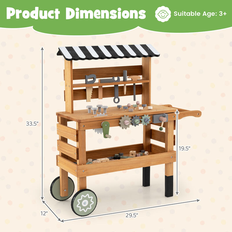 Kids 2 In 1 Rolling Tool Cart Construction Pretend Play Set Brown image number 2
