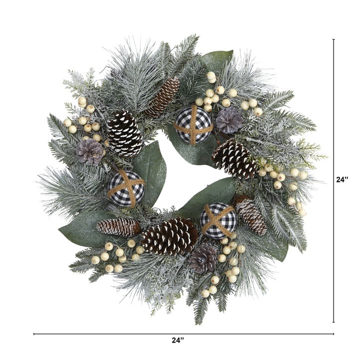 HomPlanti 24" Snow Tipped Holiday Artificial Wreath with Berries, Pine Cones and Ornaments