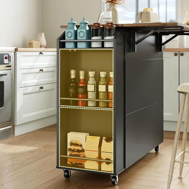 Rolling Kitchen Island with Drop Leaf Tabletop and Power Outlet Station- Black image number 8