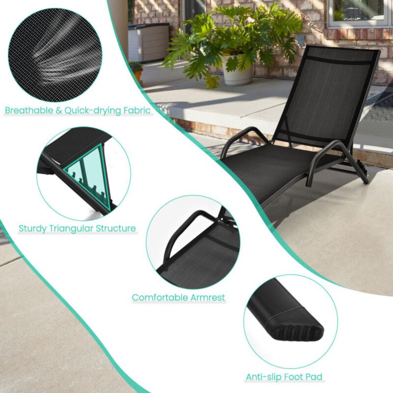Hivvago 2 Pieces Outdoor Chaise Lounge with 5-Position Adjustable Backrest-Black