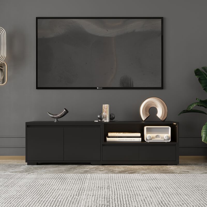FUFU&GAGA Modern Sliding TV Stand with LED Light, Black Finish, 2 Drawers & 2 Cabinets, Extendable Design (90.6" W x 15.7" D x 17.1" H), Black