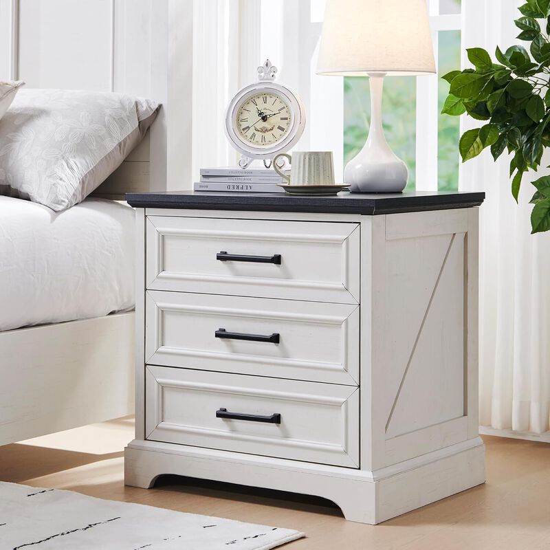 Farmhouse Nightstand Set of 2 with Charging Station, 22 Inch Wide End Table with 3 Large Drawers & Bar Handles, Rustic Wood Small Dresser, Off White image number 2