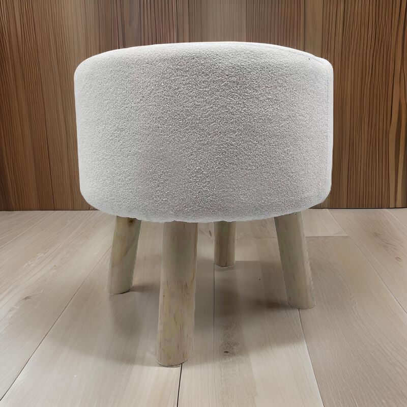 Ginni Footstool Ottoman Set of 2, White Polyester, Soft Seat, Wood Legs - Benzara