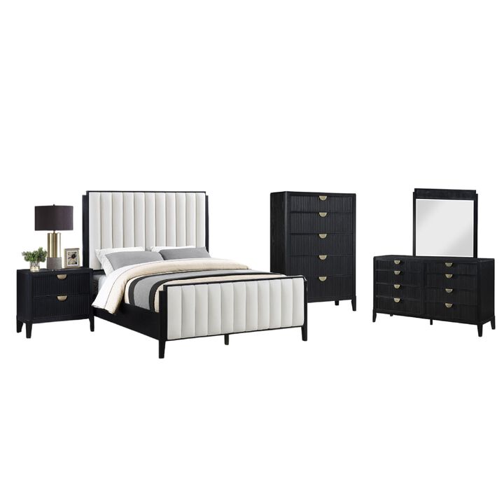 Jack 5pc Queen Bedroom Set, Black, Vertical Tufted Ivory Upholstery