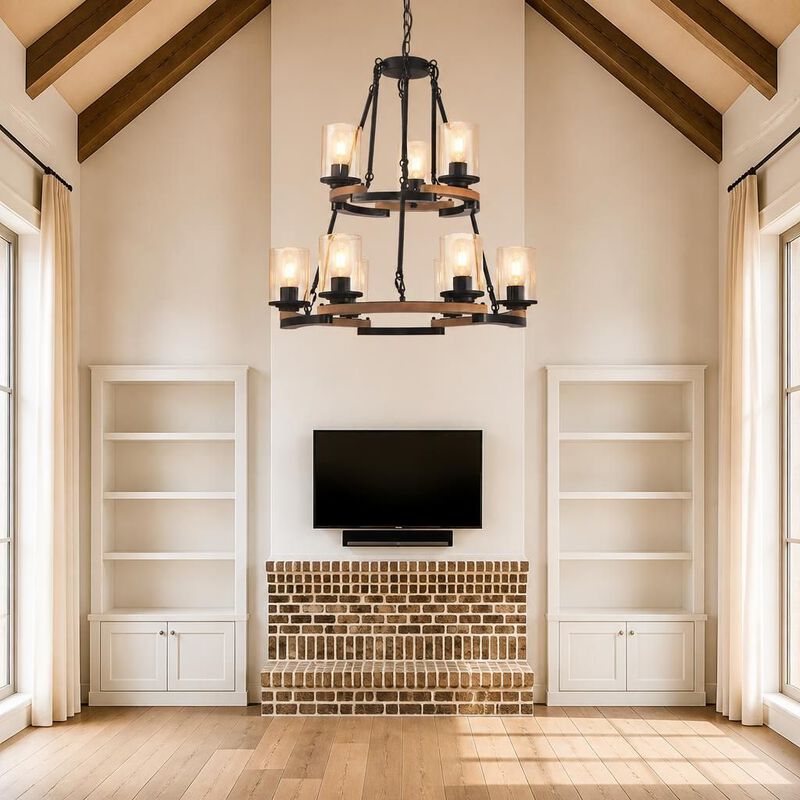 ELEMENT ACE 9-Light Vintage Wagon Wheel Chandelier, Rustic Farmhouse Black Wood Ceiling Light, Adjustable Height for Dining Room Living Room Entryway Kitchen image number 3