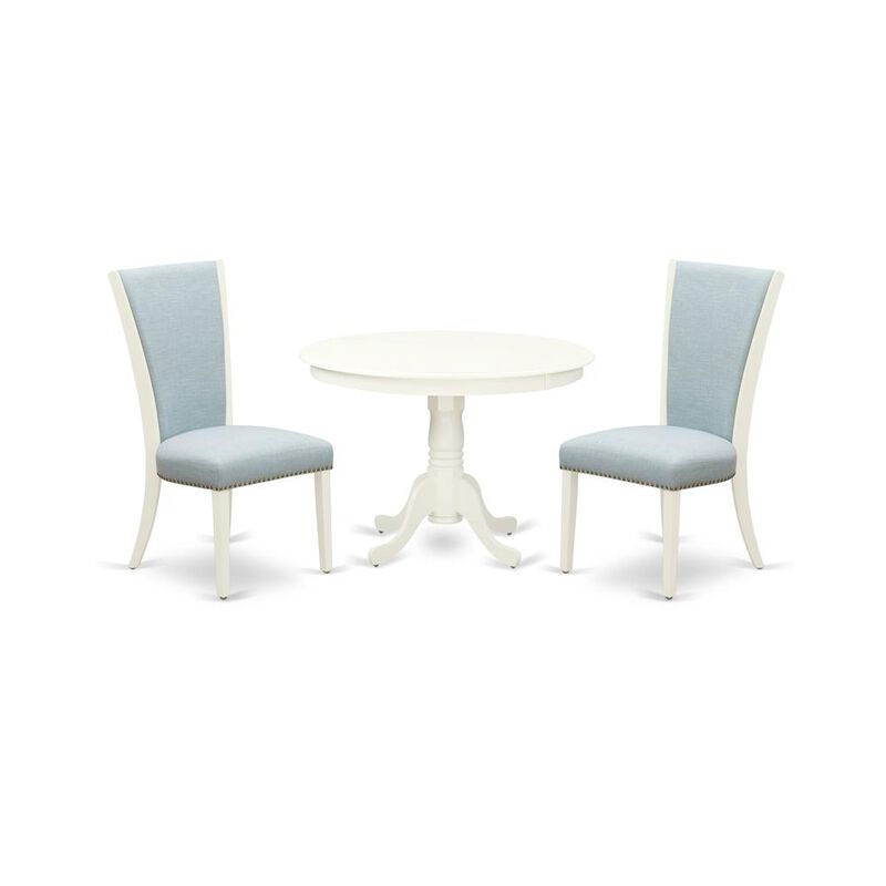 East West Furniture East-West Furniture HLVE3-LWH-15 - A wooden dining table set of two amazing dining chairs with Linen Fabric Baby Blue color and a fantastic 42-Inch Antique dining table with Linen White color