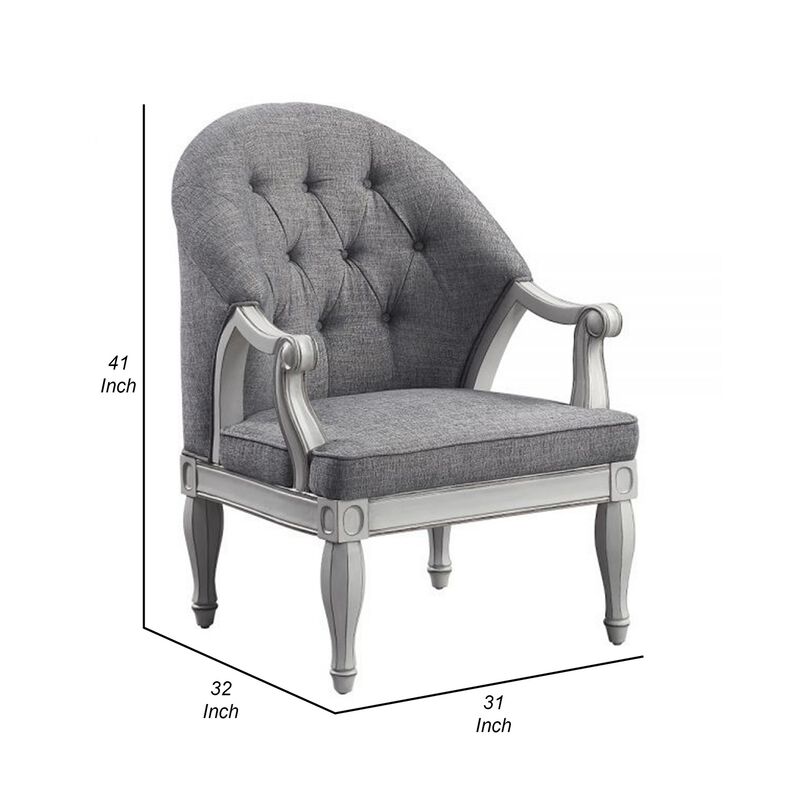 Fil 32 Inch Armchair, Tufted Backrest, Fabric Upholstery, Poplar Wood, Gray