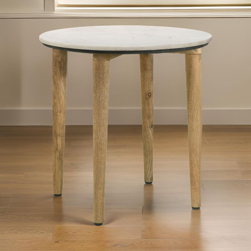 Wolu 22 Inch Side End Table, White Marble Round Top, Natural Brown Wood image number 5