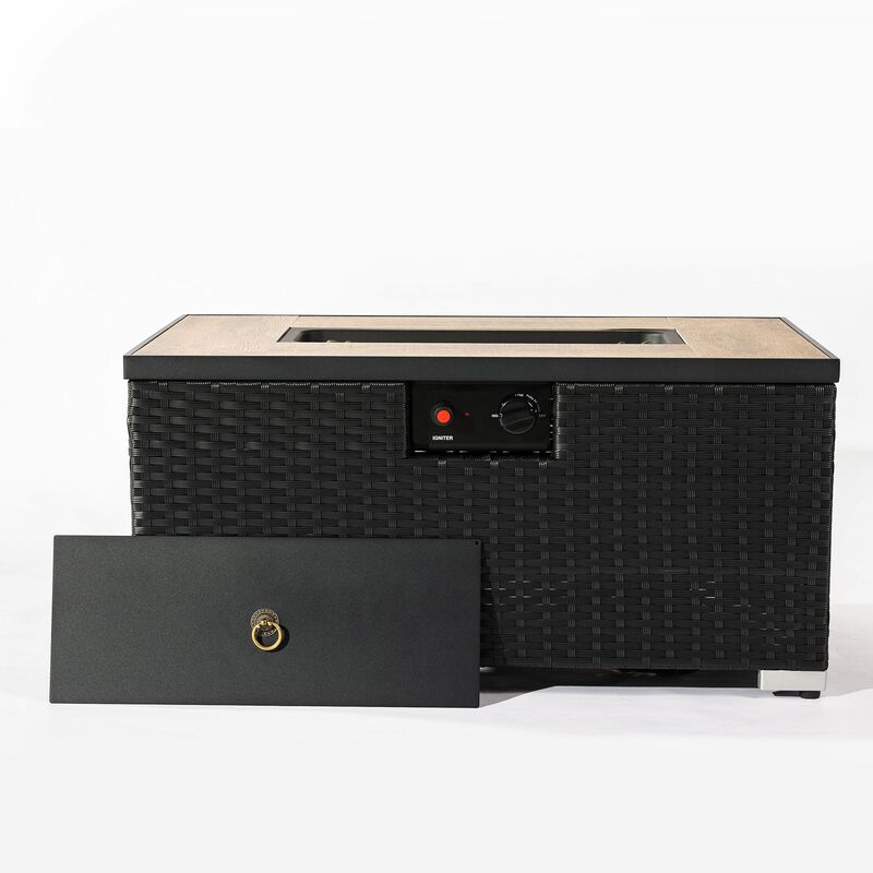 32" Propane Gas Fire Pit Table with Propane Tank Cover 2-Pieces, 50000 BTU Rectangular Steel Fire Pit with Beautiful Wicker Base for Outside Garden